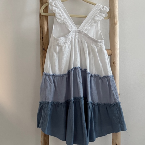 Charming White and Blue Tiered Kids Dress - Picture 3 of 4